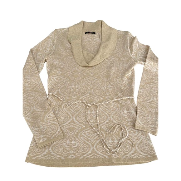 Vintage Y2K Gold Metallic Knit Top S Jacquard Cowl Neck Tie Belt 70s 90s Elegant - Picture 15 of 15